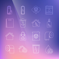 Set line Recycle clean aqua, Toilet paper roll, Tag with leaf, Acid rain and radioactive cloud, Send to the trash, Shopping bag, Eco nature battery and friendly house icon. Vector