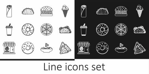 Set line Nachos, Taco with tortilla, Burger, Donut, Glass water, Burrito, Pizza and icon. Vector