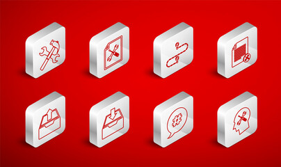 Set line Human head service, File document, Route location, Hashtag speech bubble, Crossed hammer and wrench, Download inbox and Upload icon. Vector