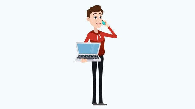 Flat cartoon character looped illustration. Young man talking on cell phone, tinkering with notebook, with money in hand, shopping. Animation in loop