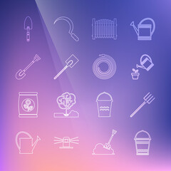 Set line Bucket, Garden pitchfork, Watering can, fence, shovel, trowel spade and hose fire hose icon. Vector