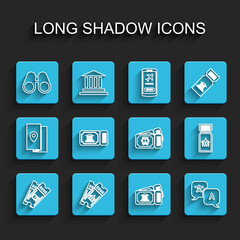 Set line Train ticket, Airline, Binoculars, Museum, Translator, and Bus icon. Vector