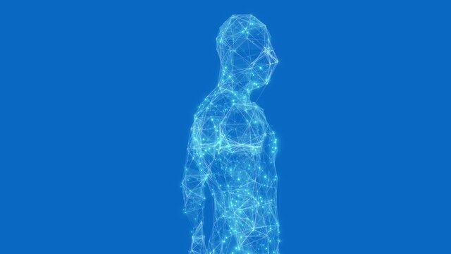 Low poly body motion animation on blue background for artificial intelligence. artificial intelligence medical and video editing. Futuristic digital concept with copy space loop 4k.