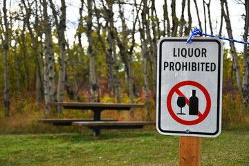 A white no alcohol allowed sign in a public park area. 