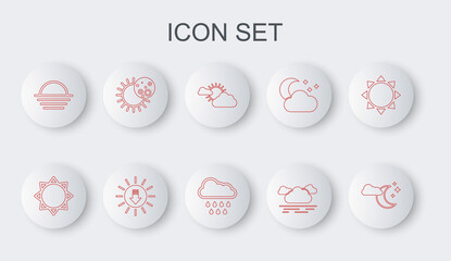 Set line Cloud with moon and stars, Sun, cloud weather, Sunset, Eclipse of sun, and rain icon. Vector
