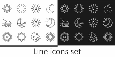 Set line Sun, Moon and stars, Sunset, icon, and icon. Vector