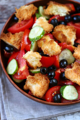 Delicious panzanella salad with olives and tomatoes. Healthy food. Italian food.