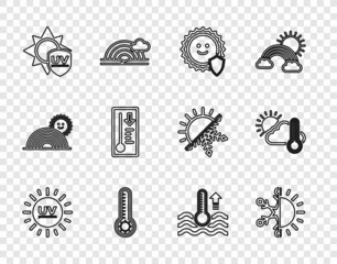 Set line UV protection, Sun and snowflake, Meteorology thermometer, Water and Thermometer cloud, sun icon. Vector