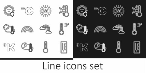 Set line Meteorology thermometer, UV protection, Rainbow, Thermometer and cloud, sun, with clouds and Celsius icon. Vector
