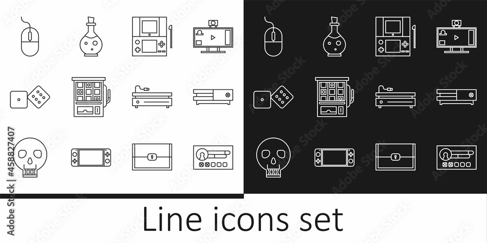 Poster set line create account screen, video game console, portable video, slot machine, game dice, compute