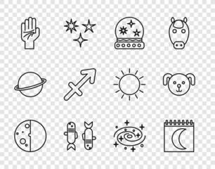 Set line Eclipse of the sun, Moon phases calendar, Magic ball, Pisces zodiac, Palmistry hand, Sagittarius, Milky way spiral galaxy and Dog icon. Vector