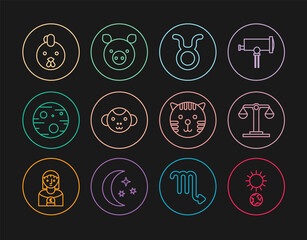 Set line Solstice, Libra zodiac, Taurus, Monkey, Planet Mars, Rooster, Tiger and Pig icon. Vector