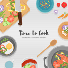 Cooking healthy food. Top view of the kitchen utensil, chopping board with knife, dishes, plates and different foods.