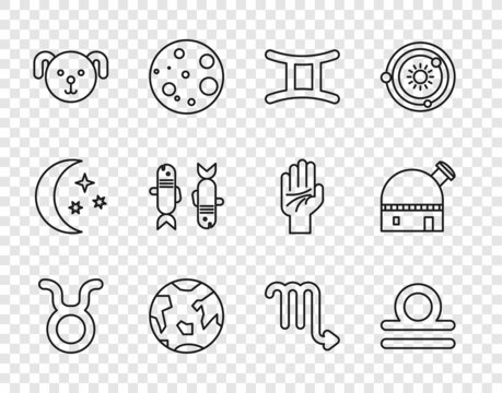 Set line Taurus zodiac, Libra, Gemini, Planet Earth, Dog, Pisces, Scorpio and Astronomical observatory icon. Vector