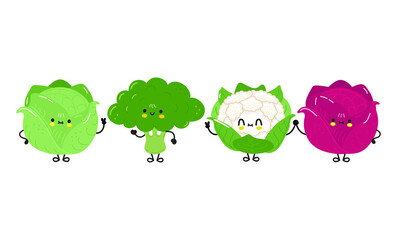Funny cute happy white cabbage, red cabbage, broccoli, cauliflower characters bundle set. Vector kawaii line cartoon style illustration. Cute cabbage mascot friends concept