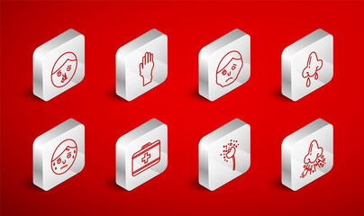 Set line Runny nose, Hand with psoriasis or eczema, Inflammation on face, Flower producing pollen, First aid kit and Man excessive sweating icon. Vector