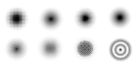 Set of halftone circles. Halftone dots circle gradient. Pop art style. Collection of elements for design. Vector illustration.