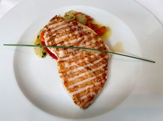 Grilled swordfish with vegetables. Italian restaurant cuisine
