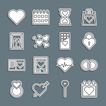 Set line Calendar with heart, Wedding rings, Castle the shape of, Heart center hourglass, Picture frame, and Chocolate bar icon. Vector