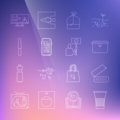 Set line Paper glass, Lunch box, Bottle of liquid soap, Stop plastic pollution, Disposable knife, and Nature saving protest icon. Vector
