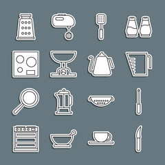 Set line Knife, sharpener, Measuring cup, Spatula, Electronic scales, Electric stove, Grater and Kettle with handle icon. Vector