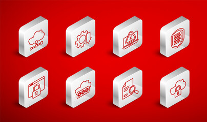 Set line Cloud computing lock, Cost reduction, Laptop with exclamation mark, Server shield, Document search, Network cloud connection, Password protection and Secure your site HTTPS, SSL icon. Vector