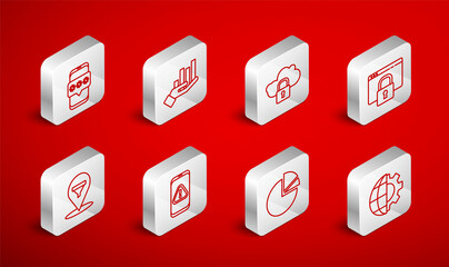 Set line Globe of the Earth and gear, Pie chart infographic, Cloud computing lock, Secure your site with HTTPS, SSL, Mobile password, exclamation mark and Location sales funnel icon. Vector