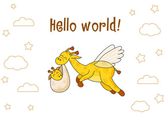 A postcard for a newborn. Funny flying giraffe. Hello Baby. Hello world.