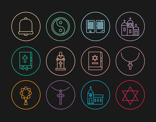 Set line Star of David, Christian cross on chain, The commandments, Church pastor preaching, Holy bible book, bell, Jewish torah and Yin Yang icon. Vector
