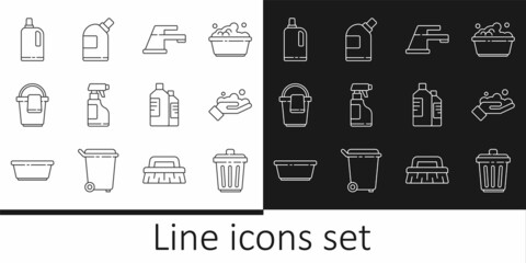 Set line Trash can, Washing hands with soap, Water tap, Spray bottle detergent liquid, Bucket rag, Fabric softener, Bottles for cleaning agent and icon. Vector