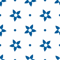 Fototapeta na wymiar Seamless abstract floral pattern. Vector blue flowers and polka dots on a white background. Geometric floral background. For fabric, wrapping paper, notepad, cover, banner, fabric, linen, paper, etc.