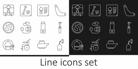 Set line Medical oxygen mask, Tooth drill, X-ray shots, Blood pressure, Petri dish with bacteria, machine, Inhaler and icon. Vector
