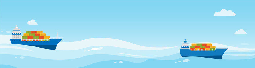 Obraz premium Two cargo ships with cargo are sailing on sea. Sea cargo delivery.