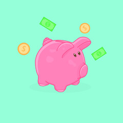 Cute cartoon illustration of a pink pig piggy bank surrounded by money