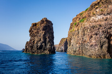 Fototapeta premium Lipari island (Aeolian archipelago), Messina, Sicily, Italy: view of the rocky seacoast. 