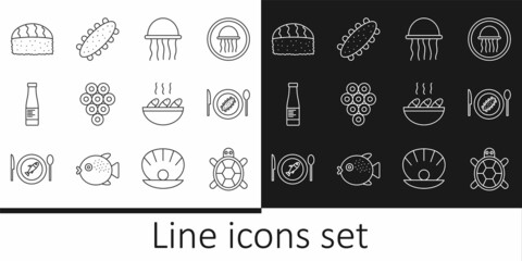 Set line Turtle, Served cucumber on a plate, Jellyfish, Caviar, Sauce bottle, Sushi, Fish soup and Sea icon. Vector