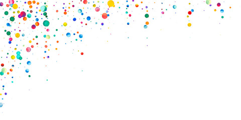 Fototapeta premium Watercolor confetti on white background. Adorable rainbow colored dots. Happy celebration wide colorful bright card. Decent hand painted confetti.