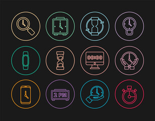 Set line Stopwatch, Clock, Old hourglass, Smartwatch, Magnifying with clock, on monitor and Alarm icon. Vector