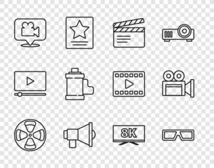 Fototapeta na wymiar Set line Film reel, 3D cinema glasses, Movie clapper, Megaphone, Camera and location, film roll cartridge, Screen tv with 8k and Cinema camera icon. Vector