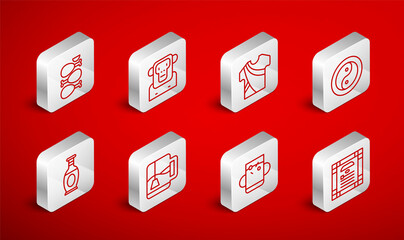 Set line India constitution day, Monkey, Indian man dress, Yin Yang, Cup of tea and leaf, Tandoori chicken, with bag and vase icon. Vector