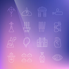 Set line Kheer in a bowl, Indian symbol hand, Tandoori chicken, Gate Delhi, Incense sticks, Hookah, Kite and Aroma incense icon. Vector
