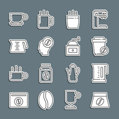 Set line Bag of coffee beans, Electric kettle, Coffee cup to go, Barista, pot, and Manual grinder icon. Vector