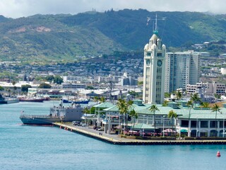 view of the Aloha Tower from the port in honolulu hawaii 
