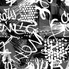 Abstract seamless chaotic pattern with urban graffiti words, scuffed and sprays. Grunge texture background. Wallpaper for boys. Fashion sport style © artlavi_design