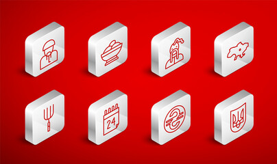 Set line Ukrainian trident, Varenyky bowl, cossack, Map of Ukraine, hryvnia, Independence day and Garden pitchfork icon. Vector