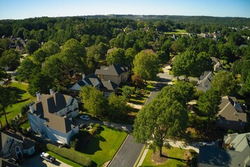 Top down view of houses in a beautiful subdivision.