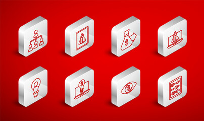 Set line Abacus, Startup project concept, Money bag, Eye with dollar, Hierarchy organogram chart, Light bulb laptop and Head lamp icon. Vector