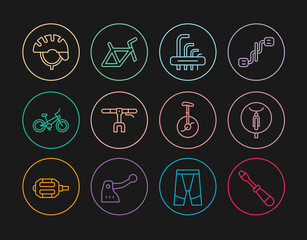 Set line Screwdriver, Bicycle, Tool allen keys, handlebar, helmet, Unicycle or one wheel bicycle and frame icon. Vector