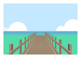 Beach wooden pier. Simple flat illustration in perspective view.