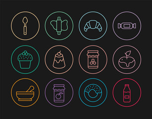 Set line Bottle with milk, Apple in caramel, Croissant, Pudding custard, Cake, Spoon, Jar of honey and Rolling pin dough icon. Vector